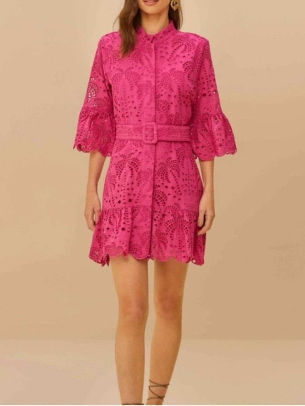 FARM Rio Hot Pink Eyelet Belted Mini Dress